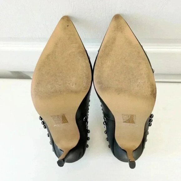 Aldo Black Leather Pumps Pointed Toe High Heel Rhinestone Studded Stilettos 7.5 - Picture 8 of 16